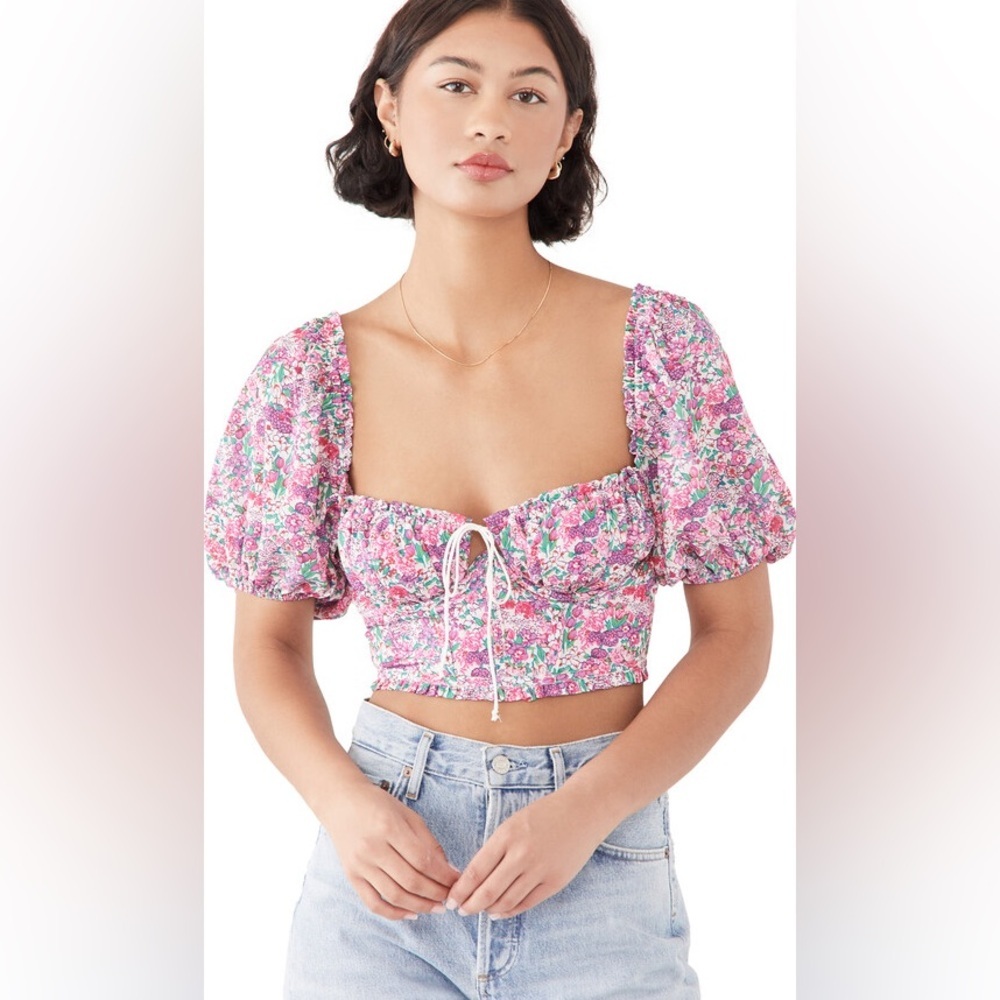 (A3) By Love & Lemons Puff Sleeve Crop Top Floral Print Underwire Top, Size XS